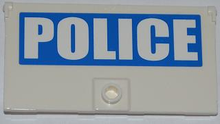 Part 60616pb002L - Door 1 x 4 x 6 with Stud Handle with White 'POLICE' on Blue Background Pattern Model Left Side (Sticker) - Set 7288 - De BrickPlaats