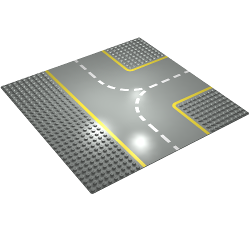 Part 608p03 - Baseplate, Road 32 x 32 9-Stud T Intersection with Yellow Lines Pattern - De BrickPlaats