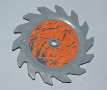 Part 61403pb02L - Technic Circular Saw Blade 9 x 9 with Pin Hole and Teeth in Same Direction with Splatter and Scratches on Orange Background Outside Pattern (Sticker) - Sets 8708 / 8963 - De BrickPlaats