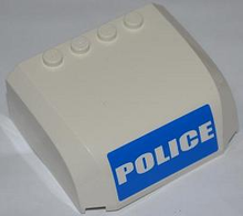 Part 61484pb005 - Windscreen 5 x 6 x 2 Curved Top Canopy with 4 Studs with White 'POLICE' on Blue Background Pattern (Sticker) - Set 7288 - De BrickPlaats