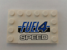 Part 6180pb105 - Tile, Modified 4 x 6 with Studs on Edges with 'FUEL4 SPEED' Pattern (Sticker) - Set 8154 - De BrickPlaats