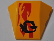Part 64225pb032L - Wedge 4 x 3 Triple Curved No Studs with Red Flame and Black Asian Character on Bright Light Orange Background Pattern Model Left Side (Sticker) - Set 70638 - De BrickPlaats