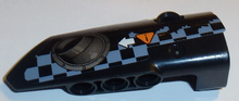 Part 64391pb033 - Technic, Panel Fairing # 4 Small Smooth Long, Side B with Exhaust Port, White Arrow, Orange Caution Sign, Gray Checkered Pattern (Sticker) - Set 42002 - De BrickPlaats