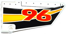 Part 64682pb016 - Technic, Panel Fairing #18 Large Smooth, Side B with Red '96' and Yellow, Orange and White Stripes on Black Background Pattern (Sticker) - Set 42044 - De BrickPlaats