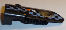 Part 64683pb033 - Technic, Panel Fairing # 3 Small Smooth Long, Side A with Exhaust Port, White Arrow, Orange Caution Sign, Gray Checkered Pattern (Sticker) - Set 42002 - De BrickPlaats