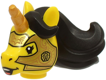 Part 70751pb03 - Minifigure, Head, Modified Unicorn with Molded Black Mane and Printed Gold Horn and Armor with Copper Lines Pattern (BAM) - De BrickPlaats