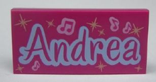 Part 87079pb0050 - Tile 2 x 4 with 'Andrea' and Music Notes Pattern - De BrickPlaats