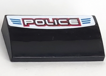 Part 88930pb011 - Slope, Curved 2 x 4 x 2/3 with Bottom Tubes with 'POLICE' Red Outline and Blue Lines Pattern (Sticker) - Set 8301 - De BrickPlaats