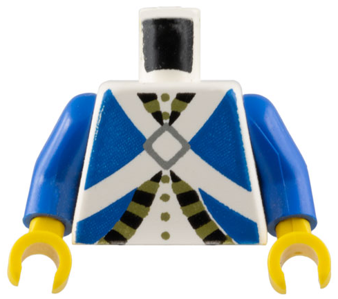 Part 973pb0204c01 - Torso Imperial Soldier Blue Uniform Jacket with Black and Gold Trim over Shirt with Buttons, Crossbelts with Silver Diamond Clasp Pattern (Bluecoat) / Blue Arms / Yellow Hands - De BrickPlaats
