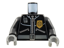 Part 973pb0261c01 - Torso Police Leather Jacket, Gold Badge, Radio, Belt Pattern / Black Arms / Dark Bluish Gray Hands - De BrickPlaats