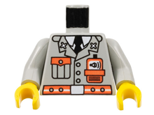 Part 973pb0338c01 - Torso Fire Jacket with Pocket, Black Tie, Neon Orange Radio and Belt, White Undershirt and Buckle Pattern / Light Gray Arms / Yellow Hands - De BrickPlaats