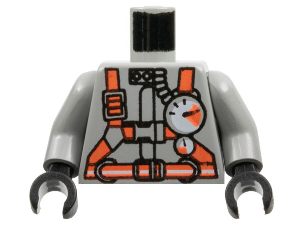 Part 973pb0340c01 - Torso Fire Shirt with Gauge, Neon Orange Belt and Straps Pattern / Light Gray Arms / Black Hands - De BrickPlaats