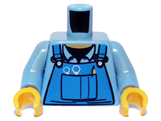 Part 973pb0410c01 - Torso Mechanic Overalls with Silver Wrenches and Fasteners, Yellow Pen, and Black Undershirt Pattern / Medium Blue Arms / Yellow Hands - De BrickPlaats