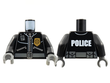 Part 973pb0797c01 - Torso Police Leather Jacket, Gold Badge, Radio, Belt with 'POLICE' Pattern on Back / Black Arms / Dark Bluish Gray Hands - De BrickPlaats