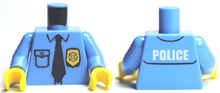 Part 973pb0801c01 - Torso Police Shirt with Gold Badge, Dark Blue Tie and 'POLICE' Pattern on Back / Medium Blue Arms / Yellow Hands - De BrickPlaats