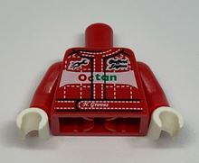 Part 973pb0802c01 - Torso Octan Racing Suit with White Stitching and 'N. Groves' Pattern / Red Arms / White Hands - De BrickPlaats