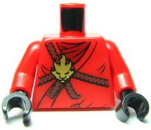 Part 973pb0832c01 - Torso Ninjago Brown Rope, Gold Medallion and Dark Red Undershirt Pattern / Red Arms / Black Hands - De BrickPlaats