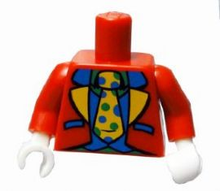 Part 973pb0939c01 - Torso Jacket with Blue and Yellow Lapels, Blue Vest, Green Shirt and Yellow Tie with Polka Dots Pattern (Clown Suit) / Red Arms / White Hands - De BrickPlaats