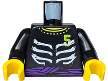 Part 973pb1019c01 - Torso Ninjago Skeleton Ribs White, Purple Waist Sash and Number 5 Pattern / Black Arms / Yellow Hands - De BrickPlaats