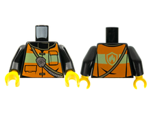 Part 973pb1303c01 - Torso Fire Reflective Stripe Vest with Pockets and Shoulder Strap with Radio and Fire Badge on Back Pattern / Black Arms / Yellow Hands - De BrickPlaats