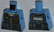 Part 973pb1350 - Torso Police Shirt with Dark Bluish Gray Vest, Gold Badge, Radio, White Undershirt and White 'POLICE' Pattern on Back - De BrickPlaats