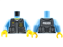 Part 973pb1350c01 - Torso Police Shirt with Dark Bluish Gray Vest, Gold Badge, Radio, White Undershirt and White 'POLICE' Pattern on Back / Medium Blue Arms / Yellow Hands - De BrickPlaats