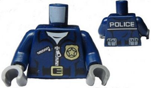 Part 973pb1547c01 - Torso Police Jacket with White Undershirt, Zippers, Gold Badge and Buckle with 'POLICE' Pattern on Back / Dark Blue Arms / Dark Bluish Gray Hands - De BrickPlaats