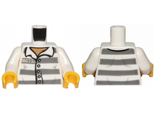 Part 973pb1557c01 - Torso Town Prisoner Number 86753, Dark Bluish Gray Stripes, Buttons, Dark Tan Undershirt Pattern / White Arms / Yellow Hands - De BrickPlaats