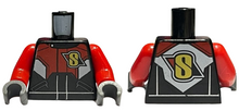 Part 973pb2014c01 - Torso Racing Suit with Red and White Chest and Back Panel with Yellow 'S' Logo Pattern / Red Arms / Dark Bluish Gray Hands - De BrickPlaats