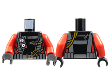 Part 973pb2015c01 - Torso Diving Suit with Dark Bluish Gray Harness, Gauges on Front, Hoses and Zipper on Back, Red Stripes on Sides Pattern / Red Arms / Black Hands - De BrickPlaats