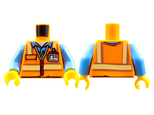 Part 973pb2017c01 - Torso Safety Vest with Reflective Stripes over Medium Blue Shirt, ID Badge, Red Pen Around Neck Pattern / Medium Blue Arms / Yellow Hands - De BrickPlaats