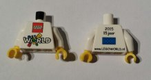 Part 973pb2152c01 - Torso LEGO World The Netherlands 2015 with '15 jaar' and 'www.LEGOWORLD.nl' on Back Pattern / White Arms / Yellow Hands - De BrickPlaats