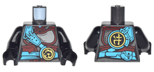 Part 973pb2619c01 - Torso Ninjago Female Pearl Dark Gray and Dark Red Armor, Dark Azure Belt and Strap, Gold Phoenix Emblem Pattern / Black Arms / Black Hands - De BrickPlaats