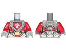 Part 973pb2720c01 - Torso Nexo Knights Armor with Orange and Gold Circuitry and Emblem with White Dragon Pattern / Red Arms / Light Bluish Gray Hands - De BrickPlaats