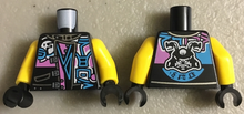 Part 973pb3026c01 - Torso Biker Vest with Dark Pink / Medium Azure Ninjago Characters, Sons of Garmadon Logo and Ninjago 'SOG' on Back Pattern / Yellow Arms / Black Hands - De BrickPlaats