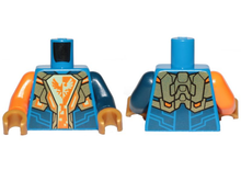 Part 973pb3034c01 - Torso Nexo Knights Armor, White and Orange Emblem with Falcon Pattern / Dark Blue Arm Left / Orange Arm Right / Pearl Gold Hands - De BrickPlaats