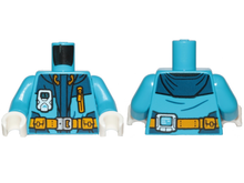 Part 973pb3142c01 - Torso Jacket with Monitor Device, Bright Light Orange Belt and Zipper Pocket Pattern / Dark Azure Arms / White Hands - De BrickPlaats