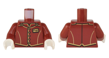 Part 973pb3281c01 - Torso Uniform Vest with Gold and Black Trim, Buttons, and Name Tag Pattern / Dark Red Arms / White Hands - De BrickPlaats