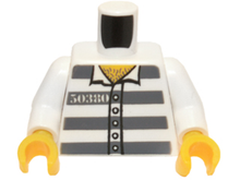Part 973pb3375c01 - Torso Town Prisoner Number 50380, Dark Bluish Gray Stripes, 5 Buttons, Hairy Chest Pattern / White Arms / Yellow Hands - De BrickPlaats