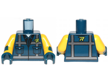 Part 973pb3391c01 - Torso Safety Vest with Reflective Crossed Stripes over Black Shirt and Lime Letter R Pattern / Yellow Arms with Dark Blue Cuff / Dark Blue Hands - De BrickPlaats