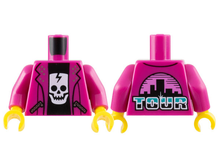Part 973pb5000c01 - Torso Jacket Open with Pockets with Silver Zippers over Black Shirt with White Cracked Skull, 'TOUR' and City Skyline on Back Pattern / Magenta Arms / Yellow Hands - De BrickPlaats