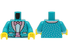 Part 973pb5059c01 - Torso Jacket with Metallic Light Blue Squares and Silver Lapels, White Shirt, Metallic Pink Bow Tie Pattern (BAM) / Dark Turquoise Arms / Yellow Hands - De BrickPlaats