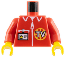 Part 973px131c01 - Torso Shirt with White Zipper, Pocket, Collar, and 'TV' Logo, ID Badge Pattern / Red Arms / Yellow Hands - De BrickPlaats
