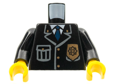Part 973px431c01 - Torso Police Jacket with Pocket, Gold Badge and Blue Tie Pattern / Black Arms / Yellow Hands - De BrickPlaats