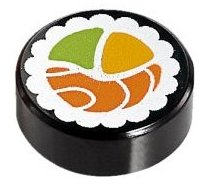 Part 98138pb038 - Tile, Round 1 x 1 with Sushi Salmon Maki Roll Pattern - De BrickPlaats