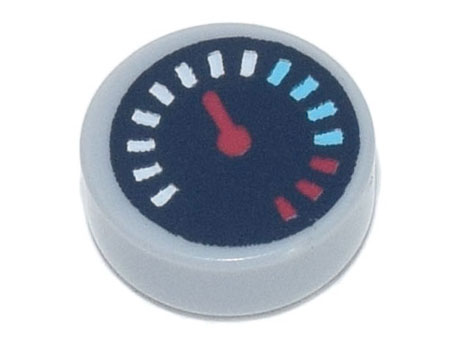 Part 98138pb175 - Tile, Round 1 x 1 with Black Gauge with Red Pointer and White, Medium Azure, and Red Tick Marks Pattern - De BrickPlaats
