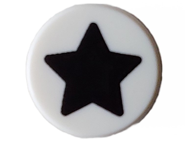 Part 98138pb363 - Tile, Round 1 x 1 with Black Star Pattern - De BrickPlaats