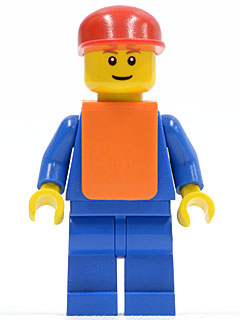 Minifig air034 - Airport - Blue 3 Button Jacket & Tie, Red Cap, Blue Legs, Orange Vest, Eyebrows - De BrickPlaats