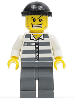 Minifig cty0007 - Police - Jail Prisoner 50380 Prison Stripes, Dark Bluish Gray Legs, Black Knit Cap, Gold Tooth - De BrickPlaats