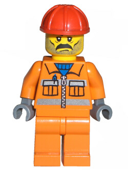 Minifig cty0010 - Construction Worker - Orange Zipper, Safety Stripes, Orange Arms, Orange Legs, Red Construction Helmet, Moustache and Stubble - De BrickPlaats